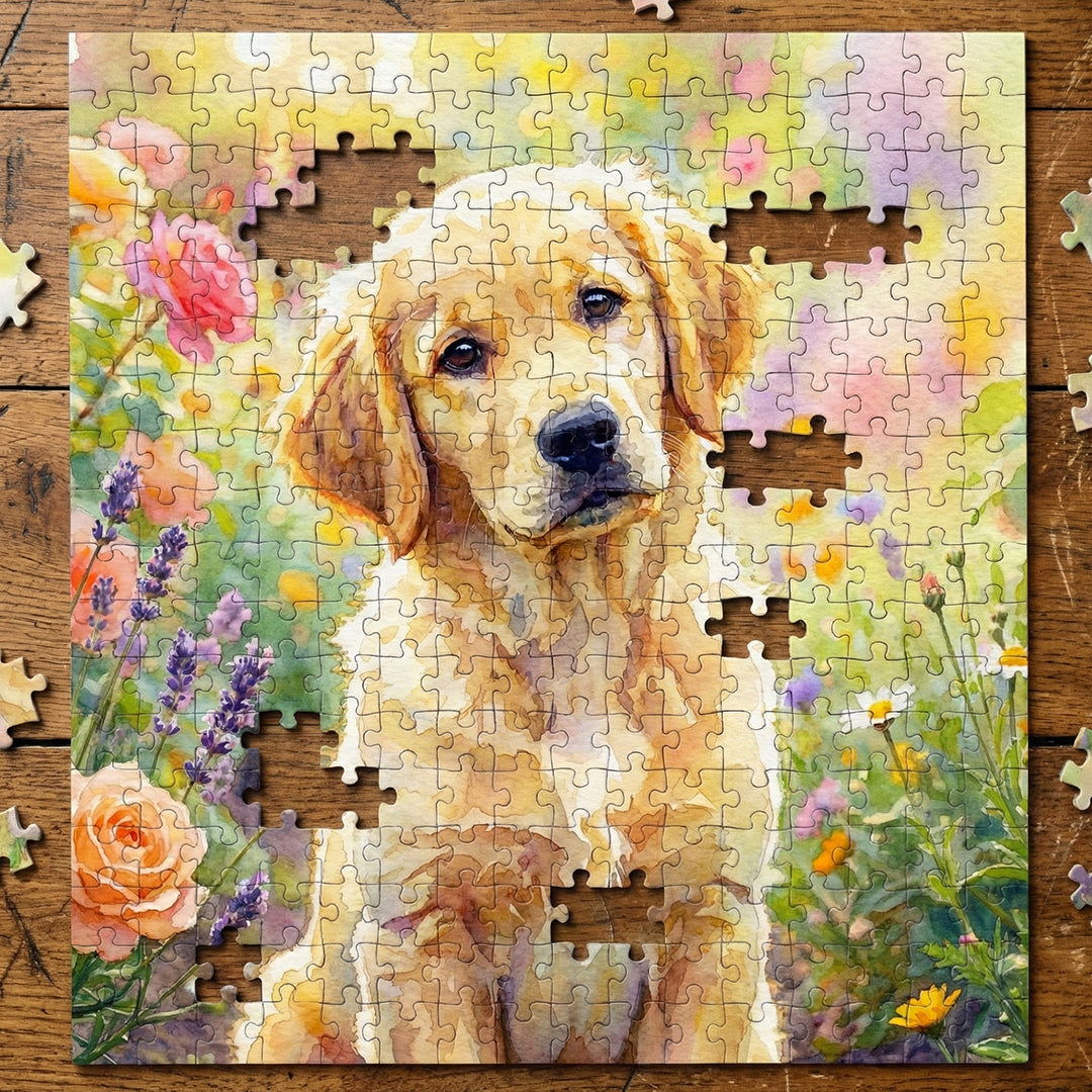 Golden Retriever Puzzle with Colorful Flower Design
