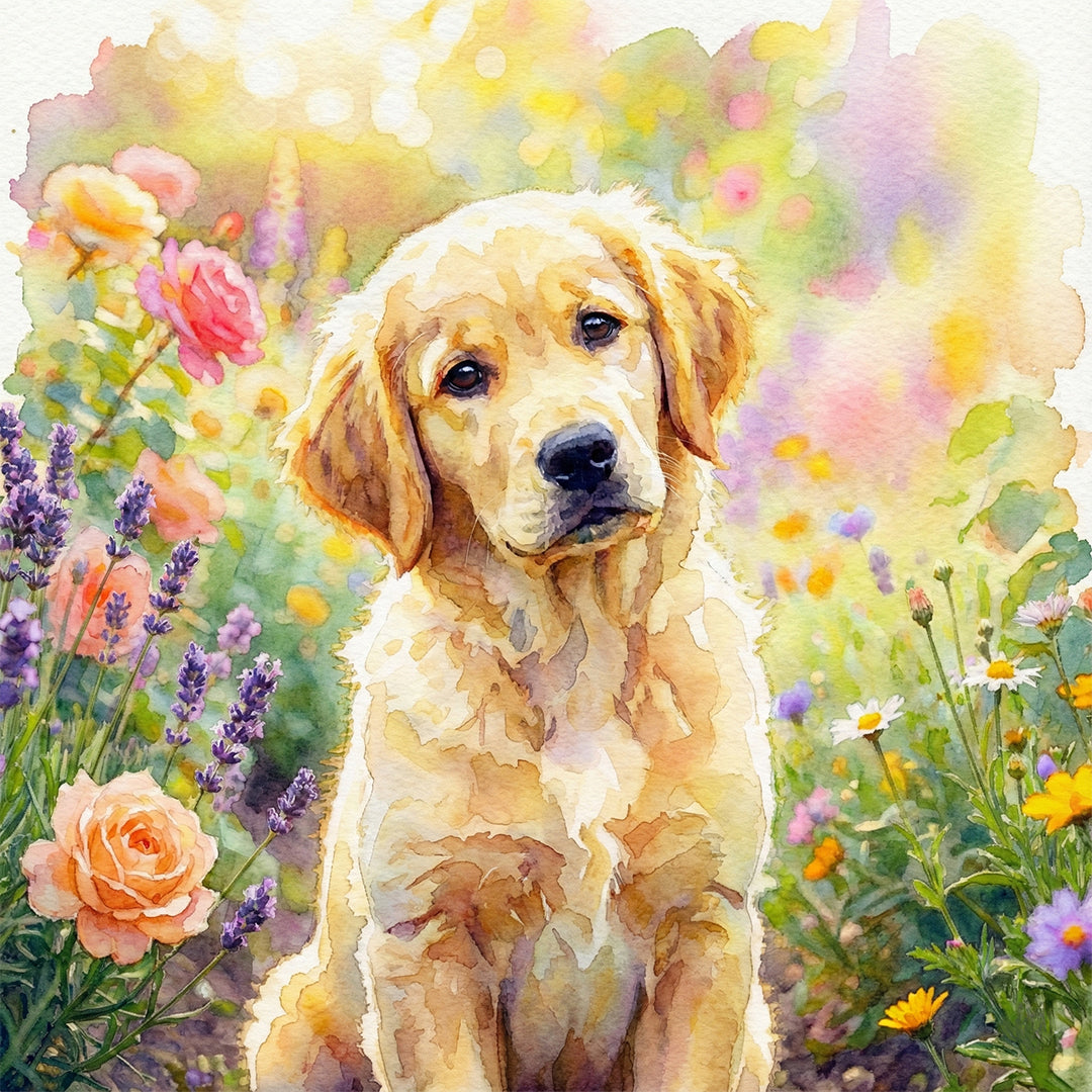 Adorable Golden Retriever in a Floral Garden Art Print