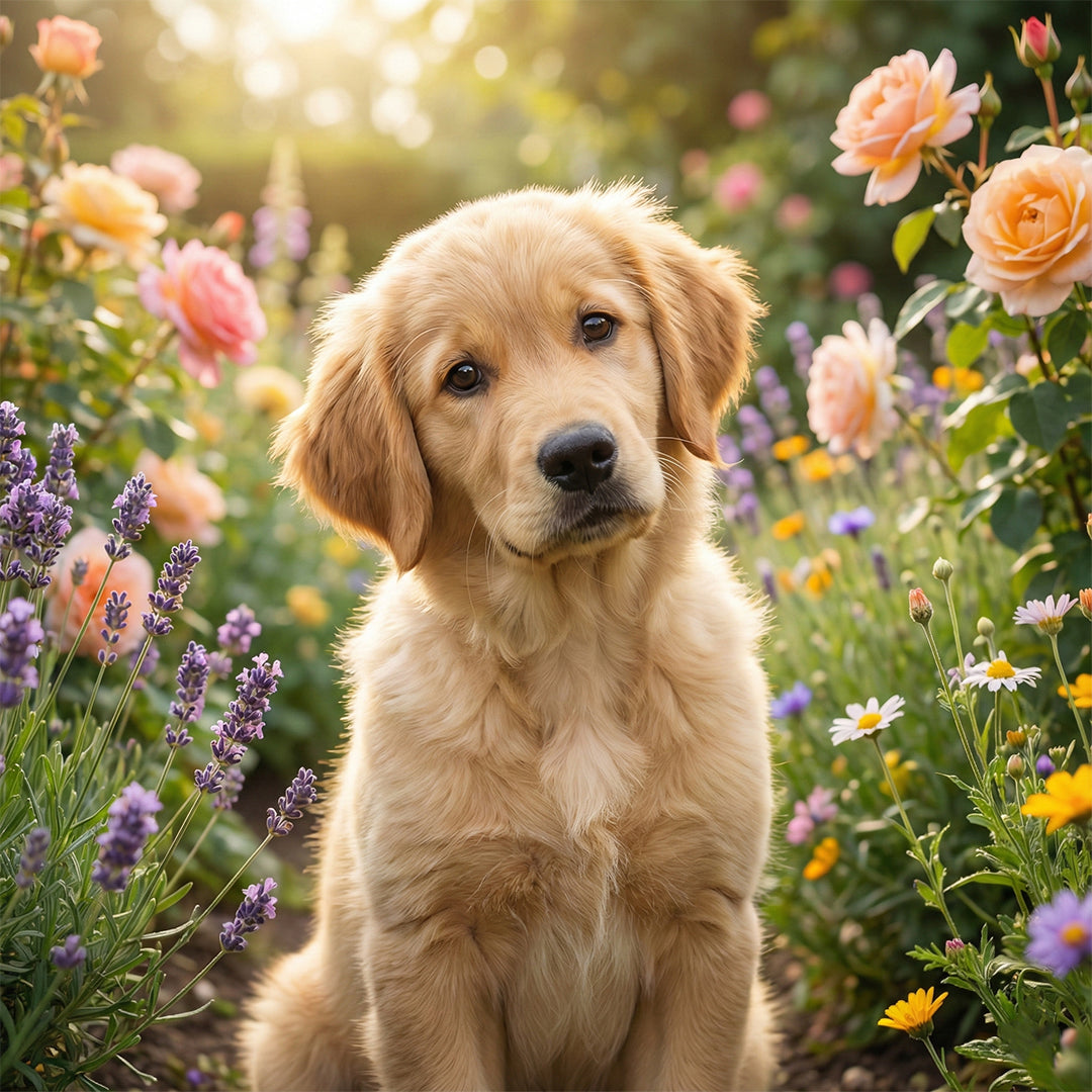 Dog in a Garden of Colorful Flowers Photography Print